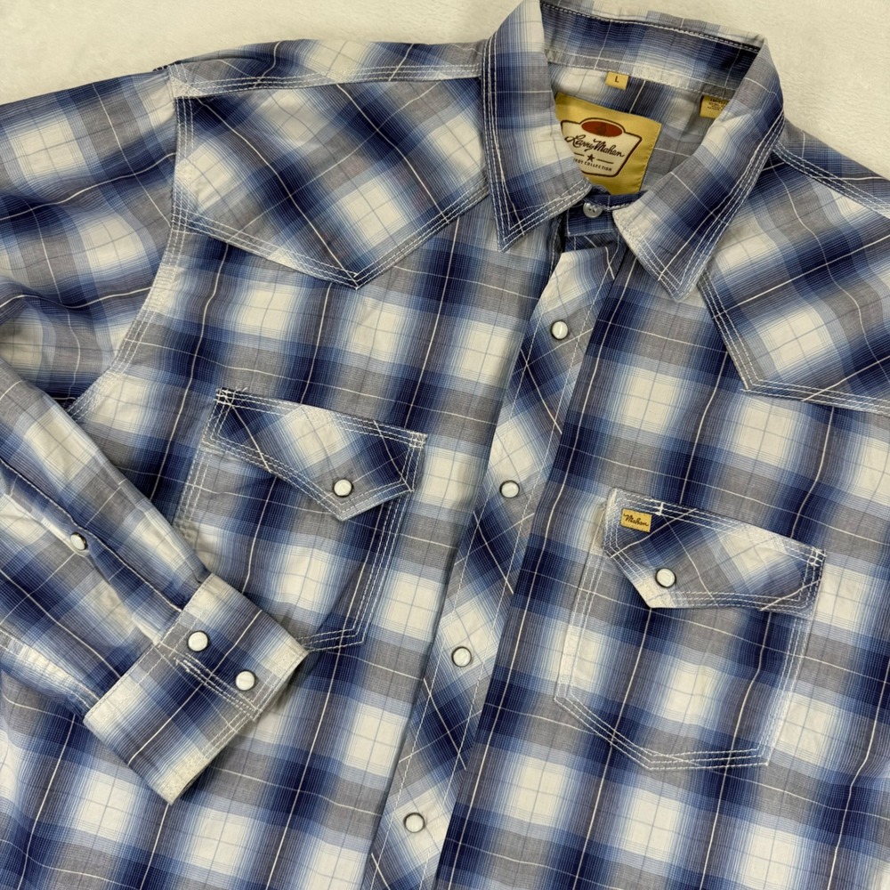 Larry Mahan Mens Blue Plaid Western Pearl Snap Long Sleeve Cotton Shirt Large